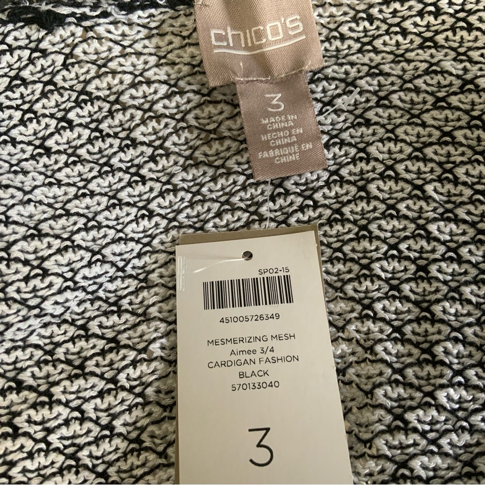 Chico’s Mesmerizing Mesh Aimee 3/4 Cardigan Fashion Black. Size 3. (NWT). - Picture 3 of 6